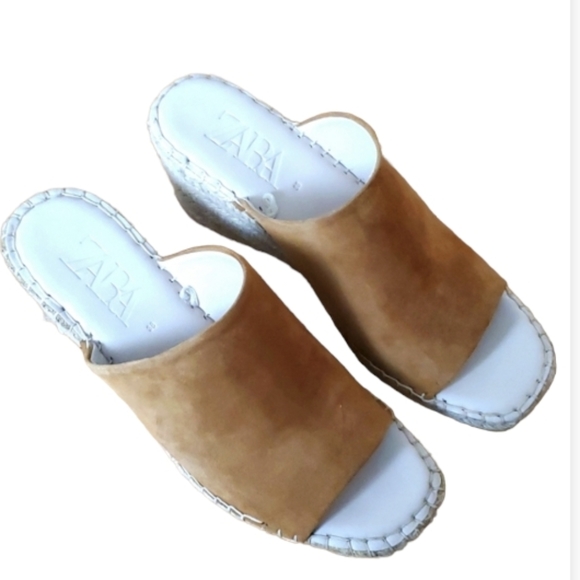 Zara camel brown‎ suede wedge sandals - Picture 1 of 8